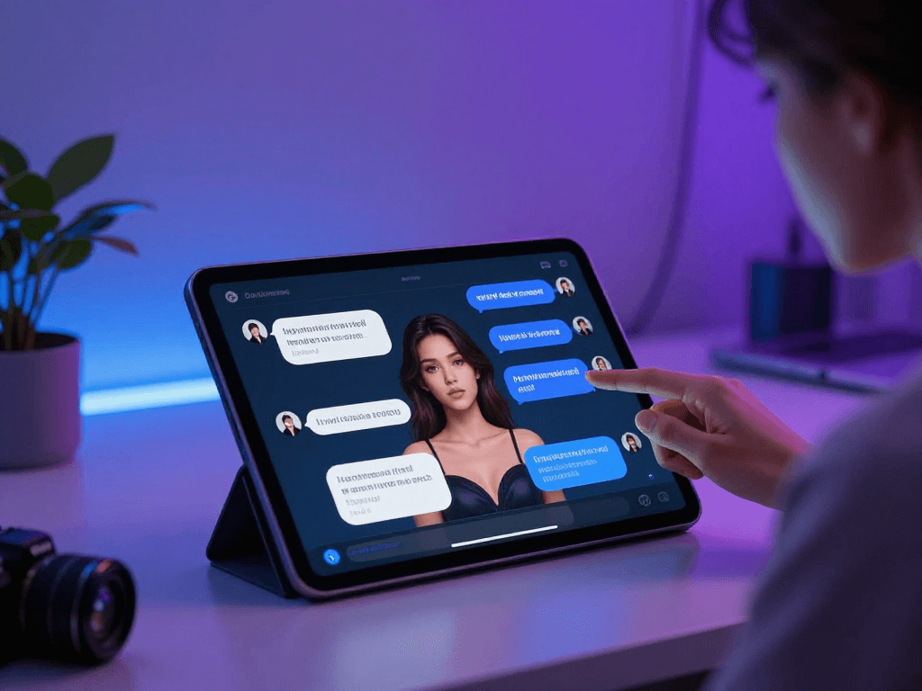 User exploring nsfw ai chat on a sleek tablet with engaging AI conversations in a modern workspace.