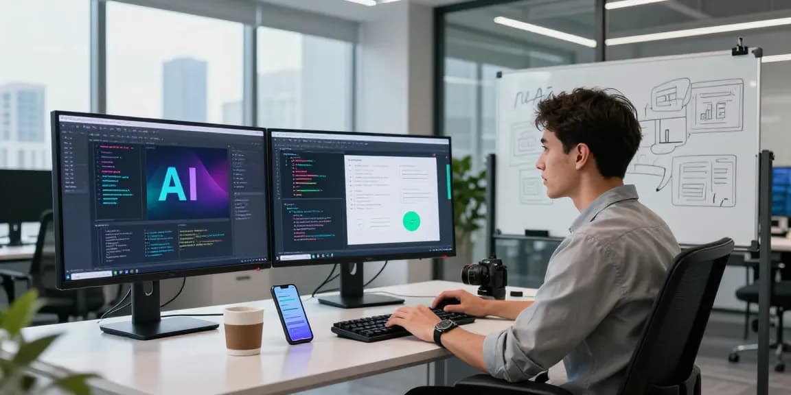 Dynamic workspace with a developer coding juicy ai applications, showcasing modern tech innovations and creativity.