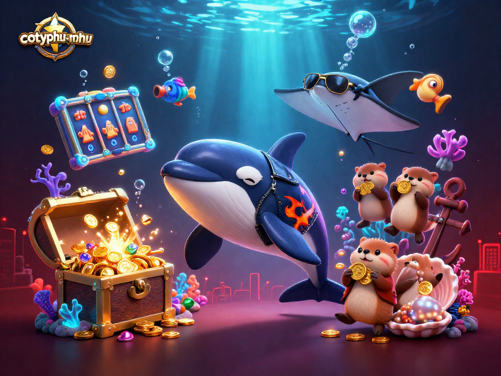 Cotphi-nohu engages players with a cartoon orca and sea otters in a vibrant underwater casino scene