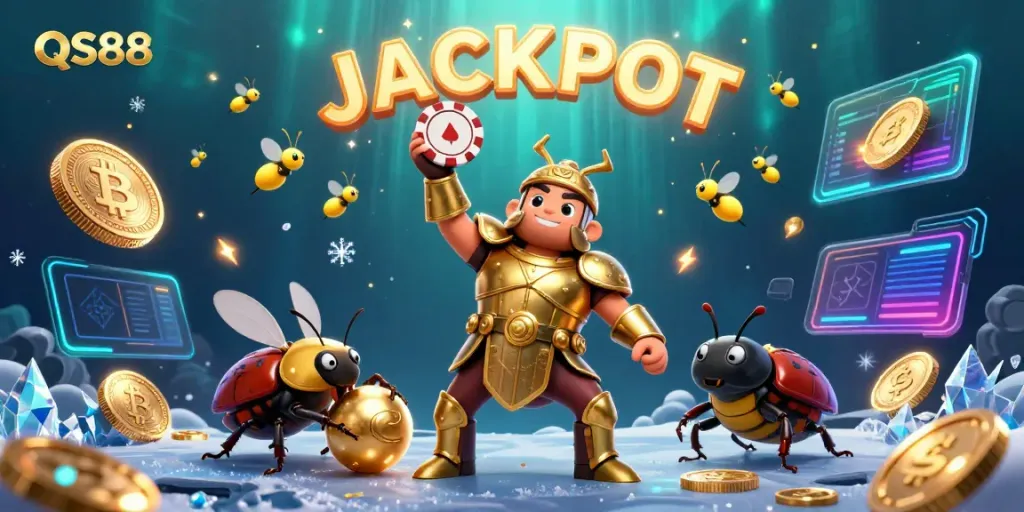 Engaging 3D casino scene showcasing a victorious beetle character and crypto coins representing QS88 gaming excitement.