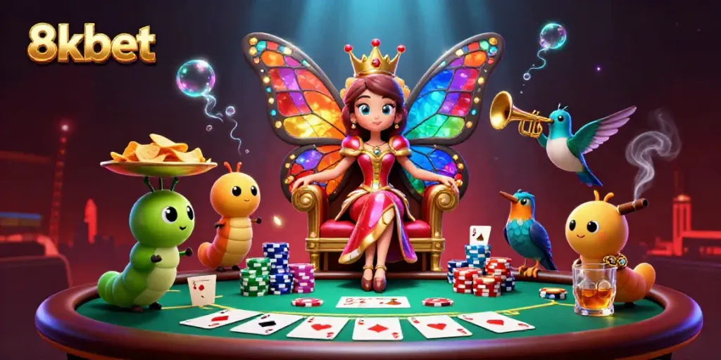 Experience exciting gameplay at 8xbet with our butterfly queen and poker elements in a vibrant casino scene.