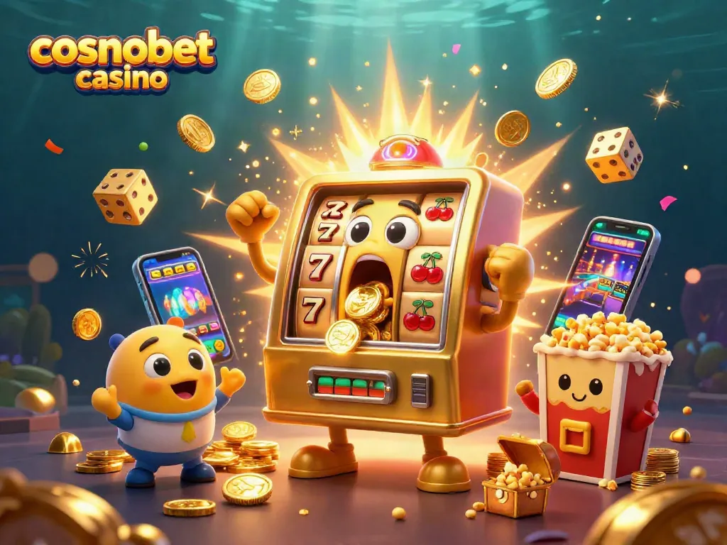 cosmobet casino celebrating jackpots with golden coins from joyful slot machines