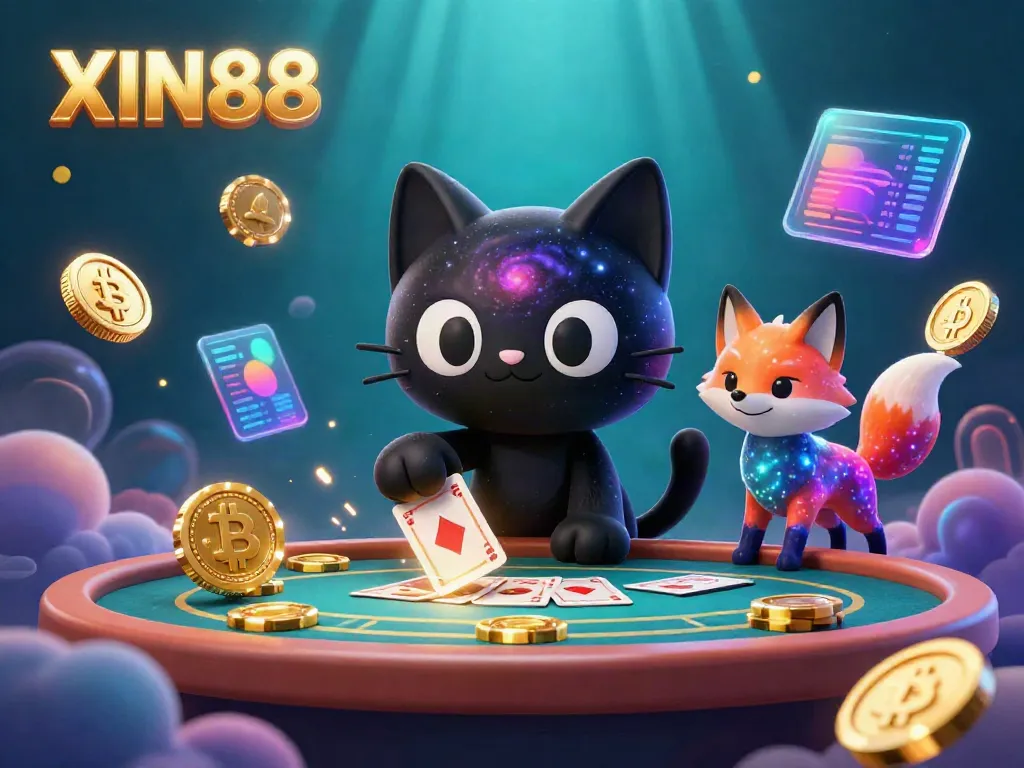 XIN88's cosmic casino illustration showcases a black hole cat attracting casino chips, surrounded by crypto elements.