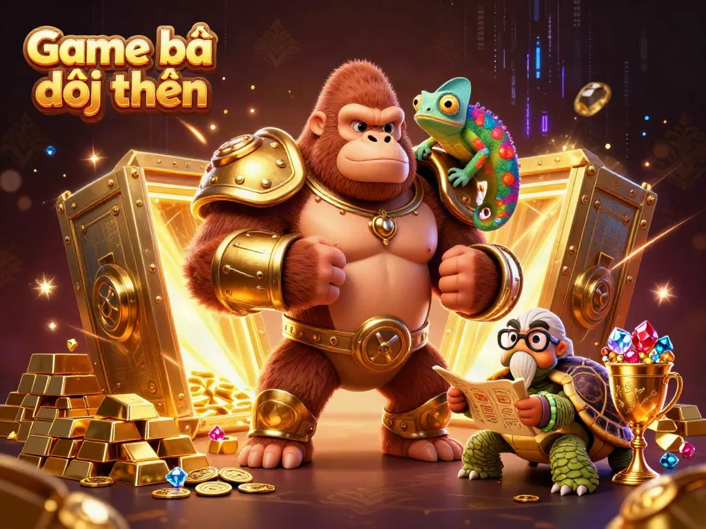 Experience Game bài đổi thưởng with an adventurous gorilla king and treasure bursts in a vibrant scene.
