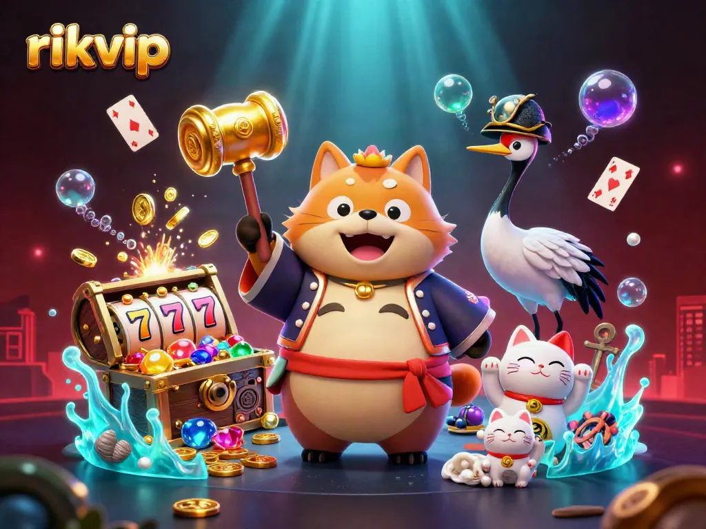 Play exciting games at rikvip with a cheerful tanuki, slot reels, and lucky symbols!