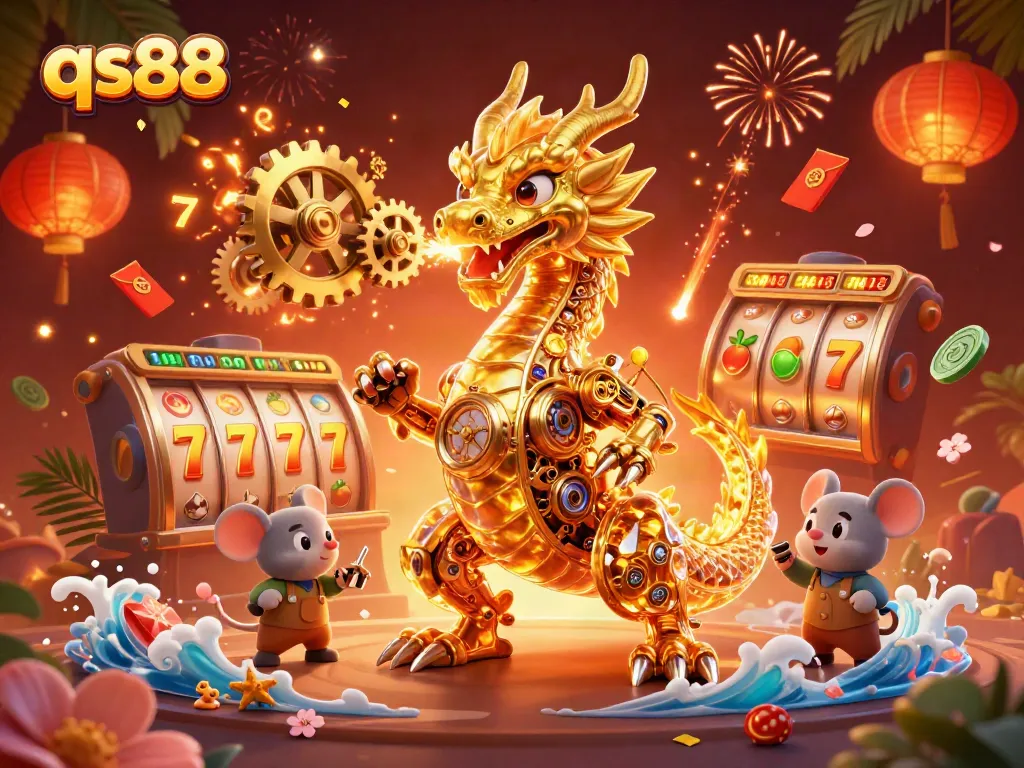 Experience the excitement of qs88 with a vibrant 3D illustration of a golden dragon and dynamic casino elements.