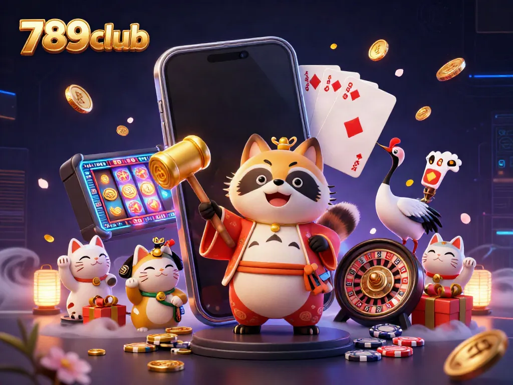 Engage in thrilling gameplay at 789club with a dynamic scene featuring cheerful characters and exciting slot elements.