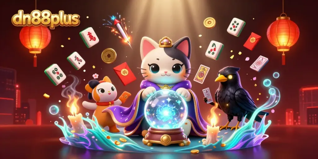 Experience gaming excitement with dn88plus as a mystical cat and raven bring fortune amidst dazzling casino elements.