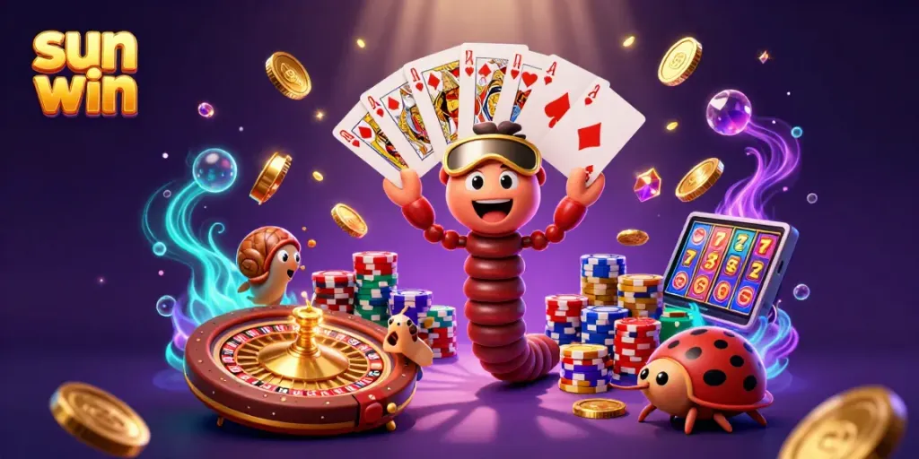 Experience thrilling wins at sun win with vibrant casino characters in a dynamic 3D scene.