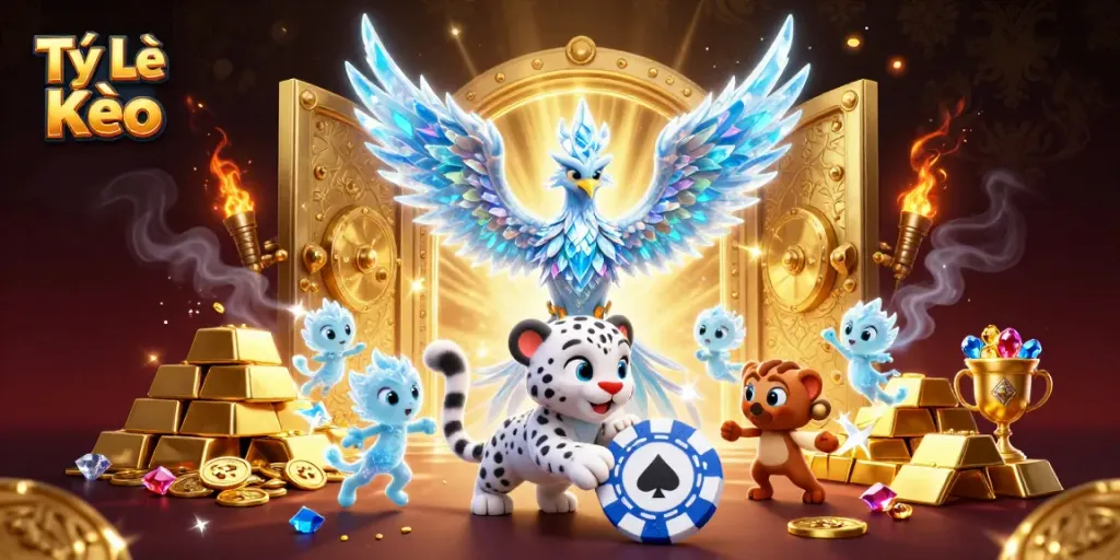 Bet on Tỷ Lệ Kèo while engaging with an enchanting ice phoenix, snow leopard, and vibrant gems in this magical casino scene.