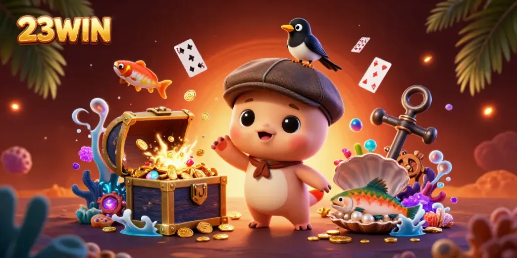 Experience exciting gameplay with 23WIN's vibrant casino illustration featuring playful characters and dynamic elements.