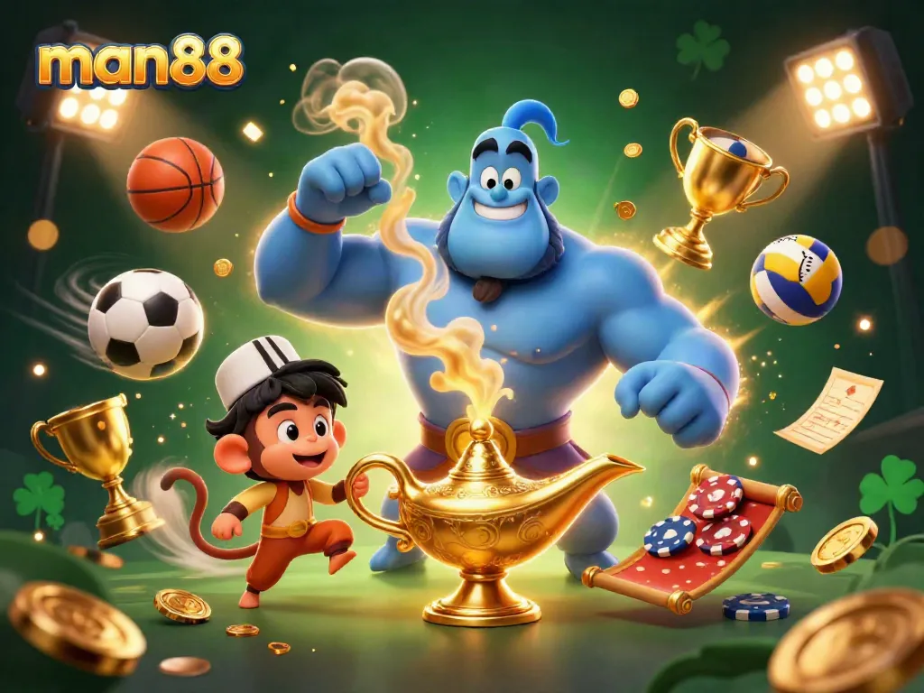 Experience man88's thrilling sports betting scene with a genie's magic, trophy, and vibrant sports elements.