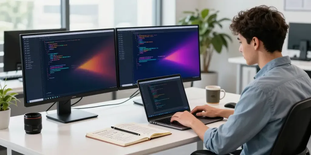 Developer focused on instant indexing metrics in a modern office setup