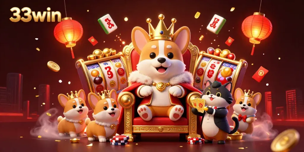 Experience the thrill of 33win through a vibrant casino-themed illustration filled with playful characters and dynamic game elements.