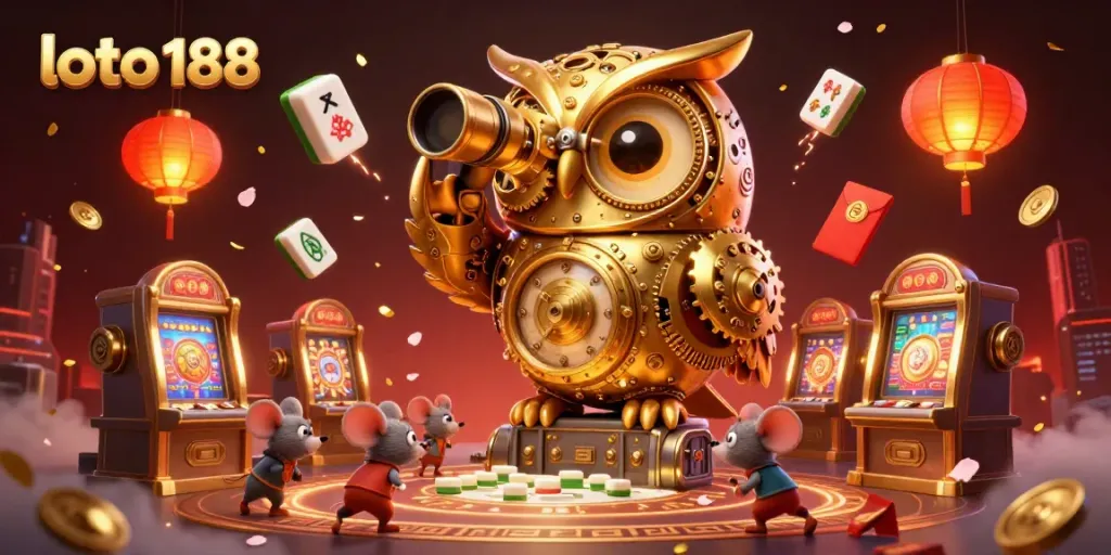 Engage with loto 188's vibrant casino atmosphere featuring a clockwork owl and lively characters.