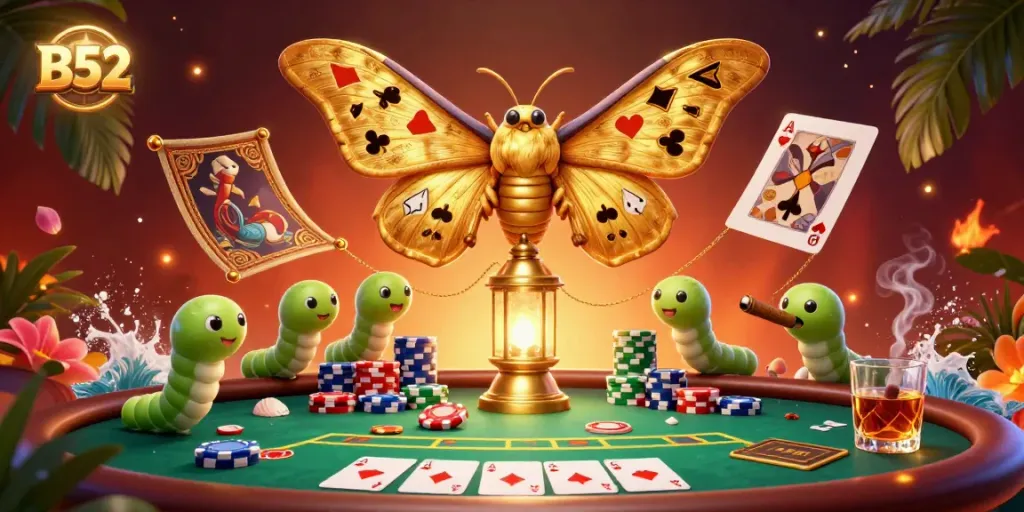 B52 showcases a vibrant 3D casino scene with a golden-winged moth amidst poker chips and playing cards.