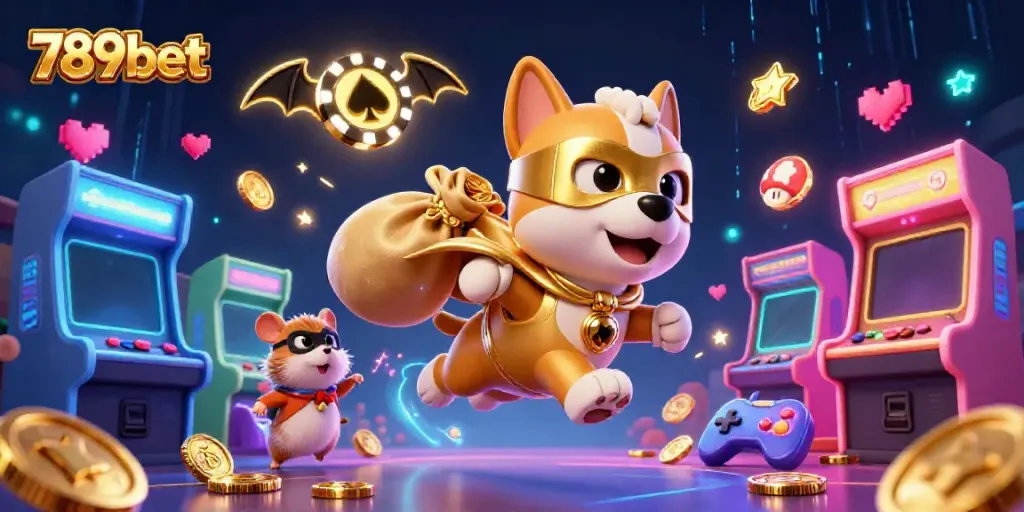 Experience thrilling adventures with 789bet as a superhero dog flies through a vibrant casino world.