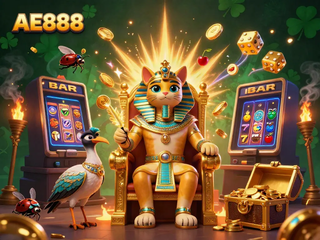Experience AE888 with a dynamic pharaoh cat and a jackpot explosion in a vibrant casino scene.