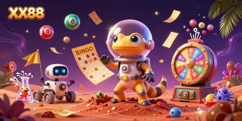 Engage with exciting games at XX88, featuring a playful gecko in a retro suit amidst golden casino treasures.