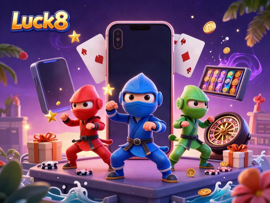Experience the vibrant excitement of Luck8 through a colorful 3D casino scene with animated chameleons.