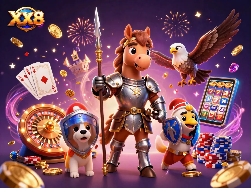 Engage in exciting gambling action with the XX8 festive scene featuring a knight, pup, and falcon.