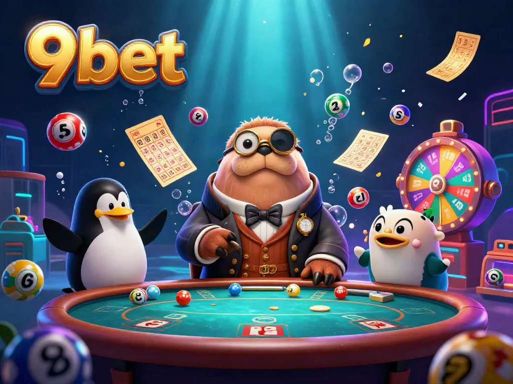 Play exciting games at 9bet with vibrant lottery balls and casino elements in an engaging underwater scene.