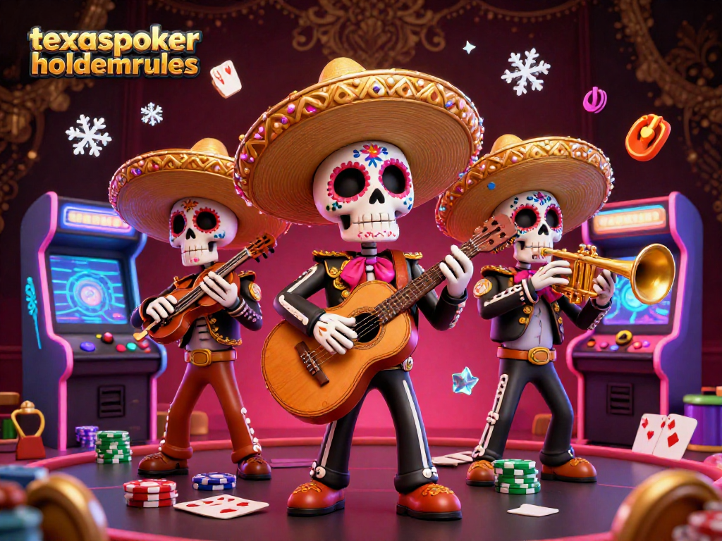 Engage with the vibrant texaspokerholdemrules scene featuring a mariachi band amidst colorful poker elements.