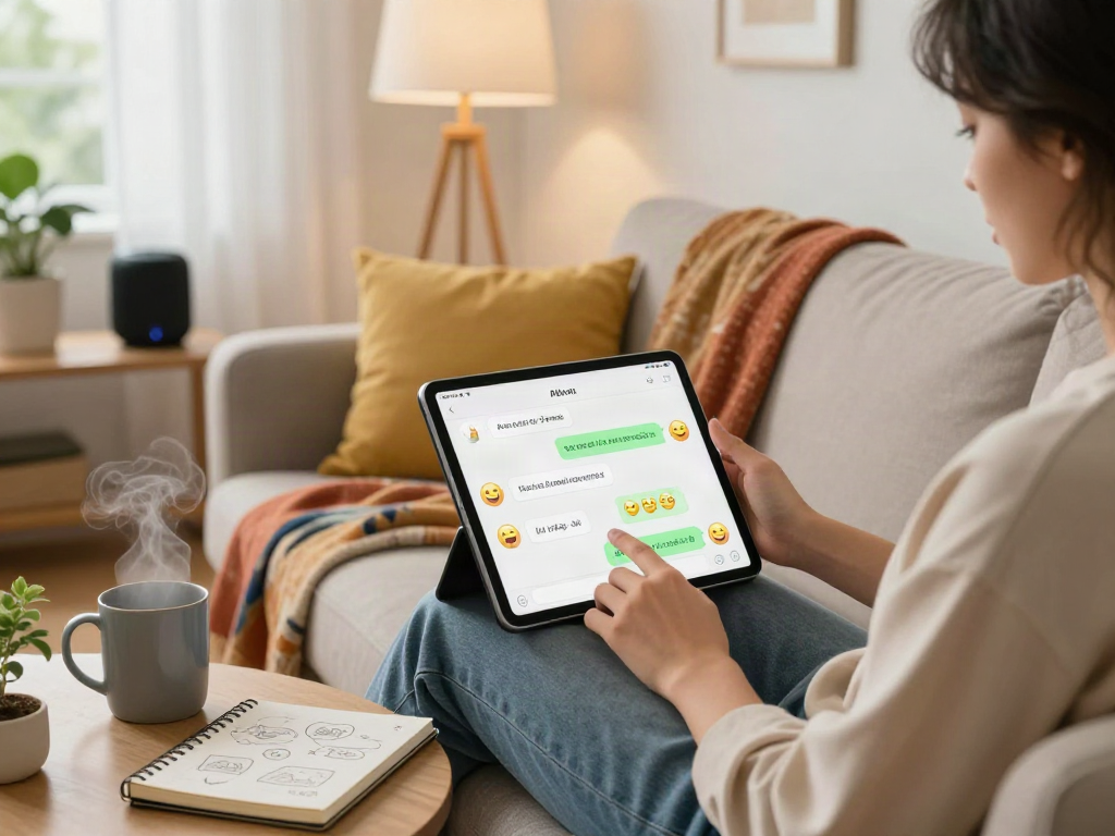 Engaging with nsfw ai chat on a tablet in a cozy living room, showcasing digital interaction.