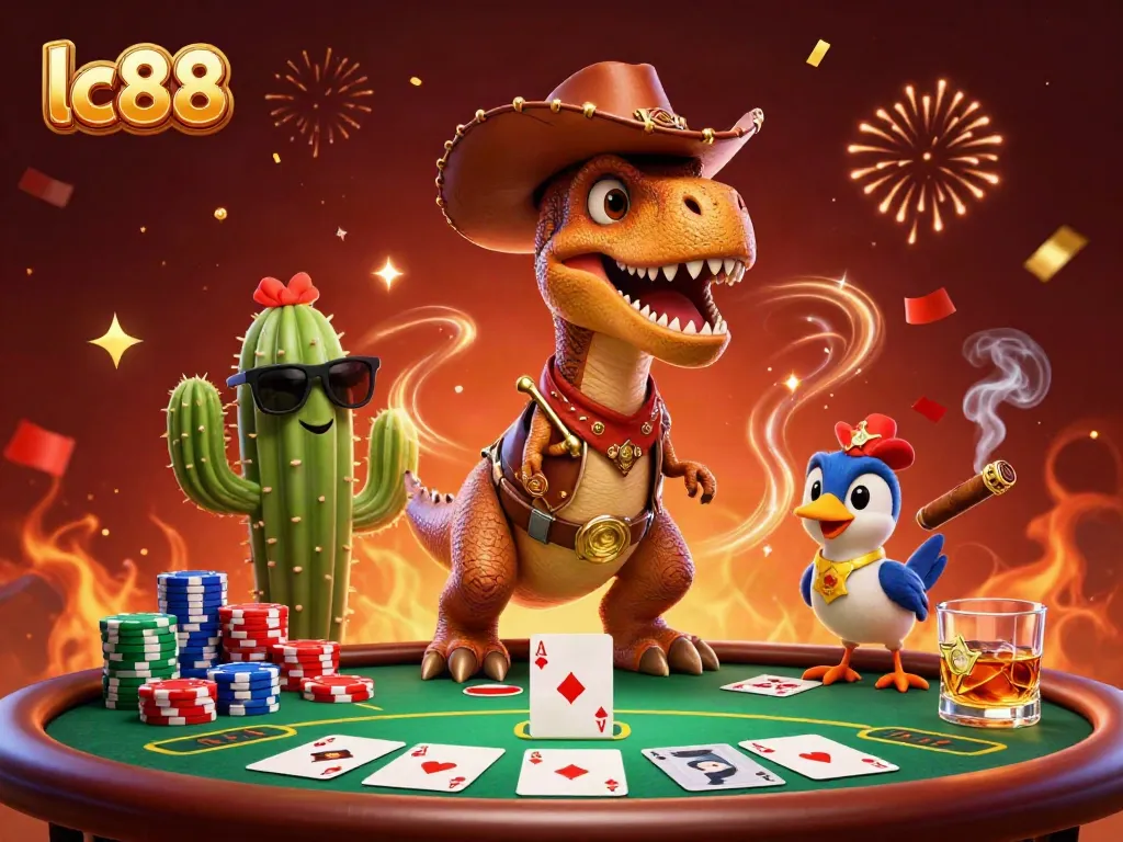 Experience thrilling gameplay with lc88 at a vibrant poker table featuring a cowboy dinosaur and friends.