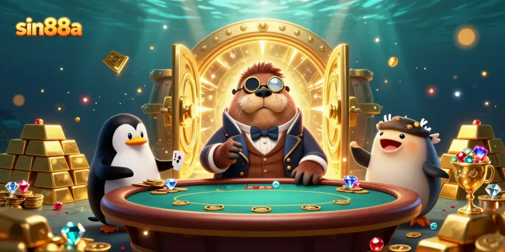 Experience fun poker gameplay with sin88a at an underwater casino featuring colorful characters and treasures.