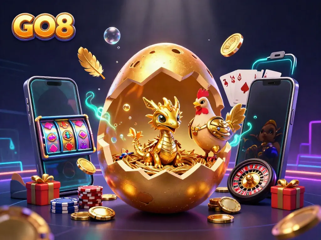 Experience the thrill of GO8 with a golden dragon, poker chips, and slot games in a lively casino scene.