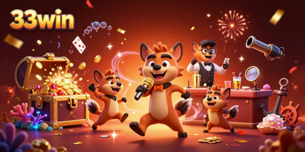 Experience casino fun with 33win, hyenas at a comedy club mixing drinks, winning big!