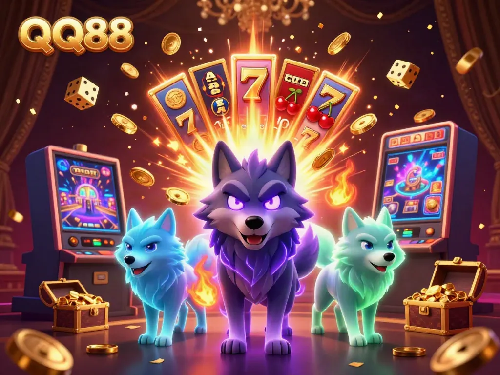 Experience the excitement of QQ88 with a dynamic scene of a winning slot machine and glowing wolves.
