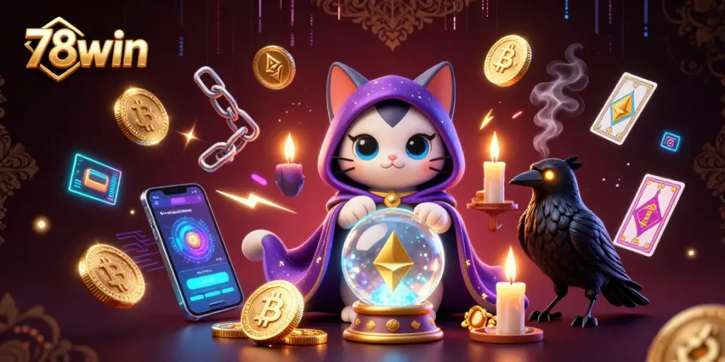 Engage with the dynamic world of 78win, featuring mystical characters and vibrant casino-themed elements.