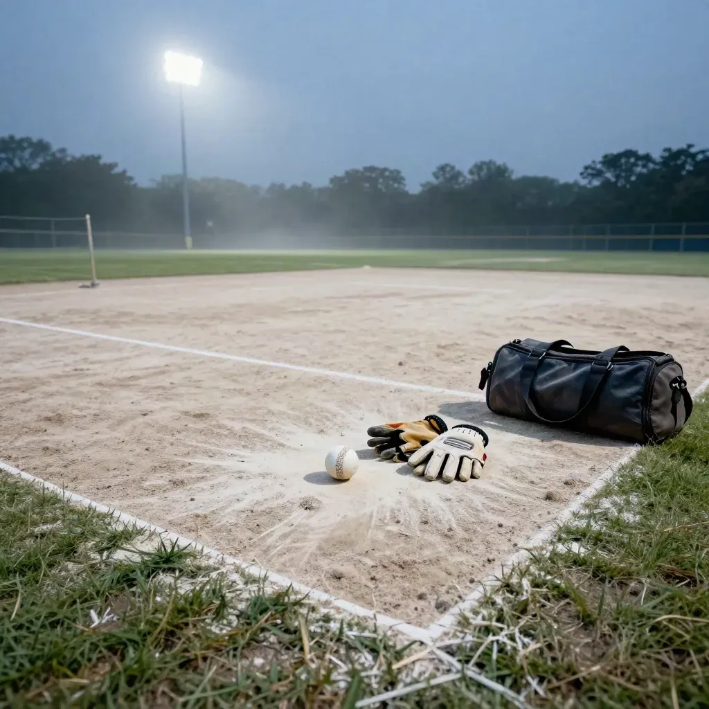 Blue-hour women’s T20 pitch with ball, gloves, kit bag and chalked crease under floodlights.