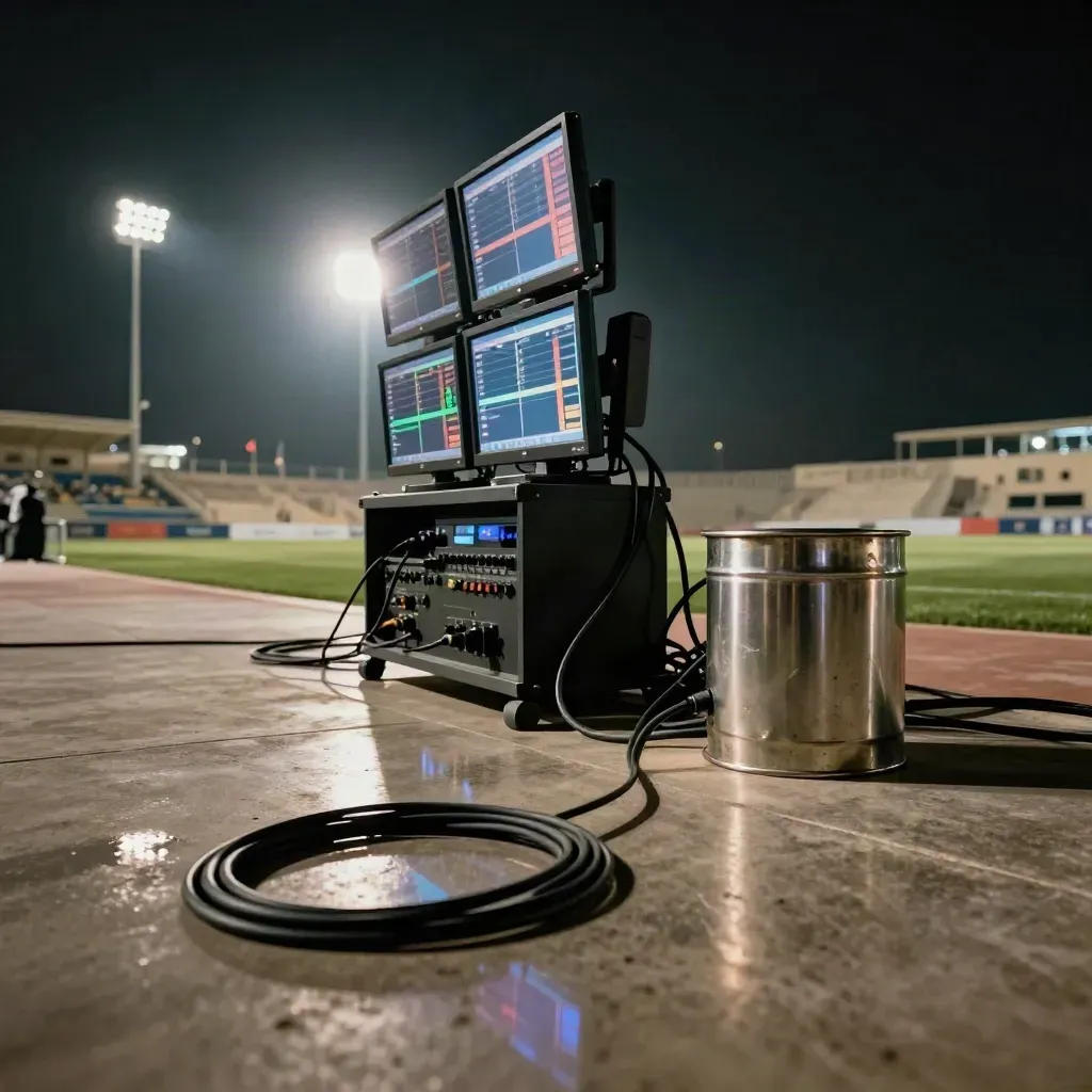 Night stadium equipment with glowing monitors, cables, ball tin, and reflected lights on concrete.