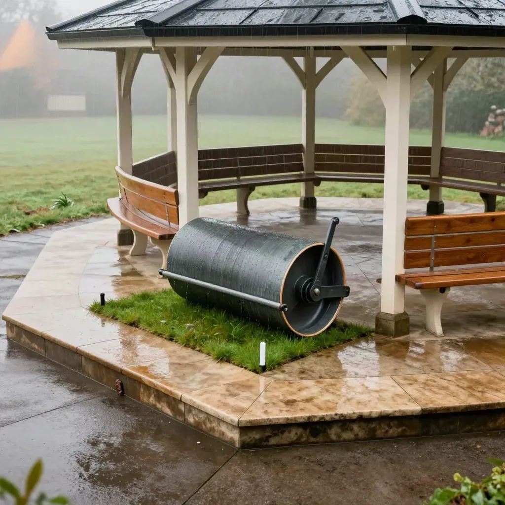 Rainy county pavilion details: rolled covers, roller, wet boundary marker and empty benches.