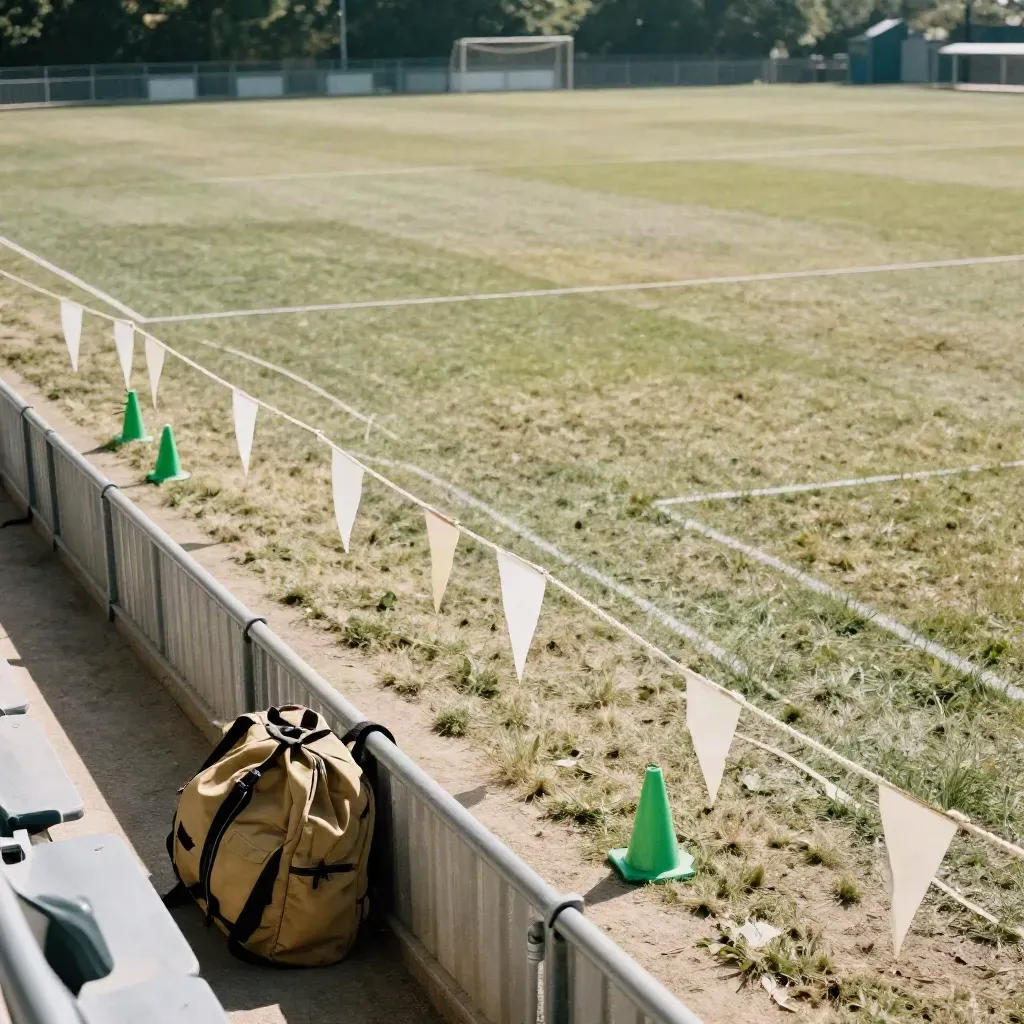Youth cricket venue with boundary rope, kit bags, bunting and green cones in hard midday sun.