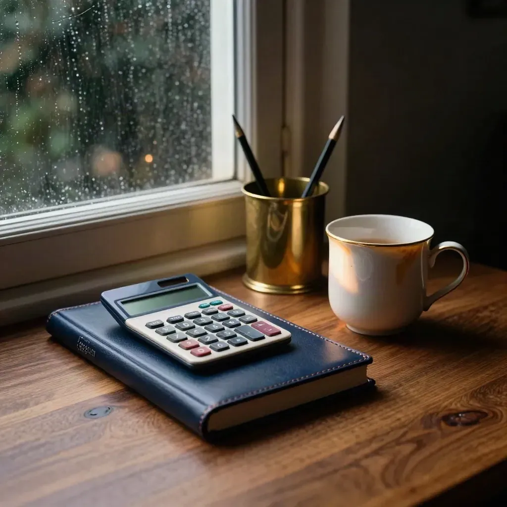 Scorer’s corner with scorebook, calculator, pen cup and tea mug by a hazy dark window.