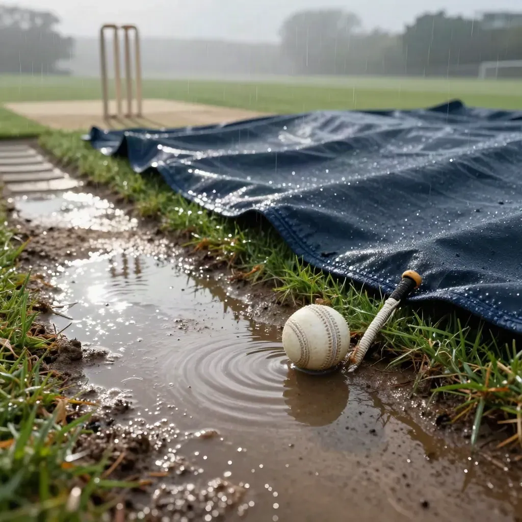 Rain-soaked cricket square with covers, puddles, drainage channels, and a trapped white ball.