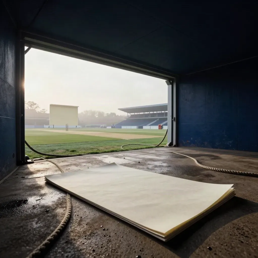 Dawn tunnel view to the pitch with rope loops, cover sheet, and sight screens in mist.