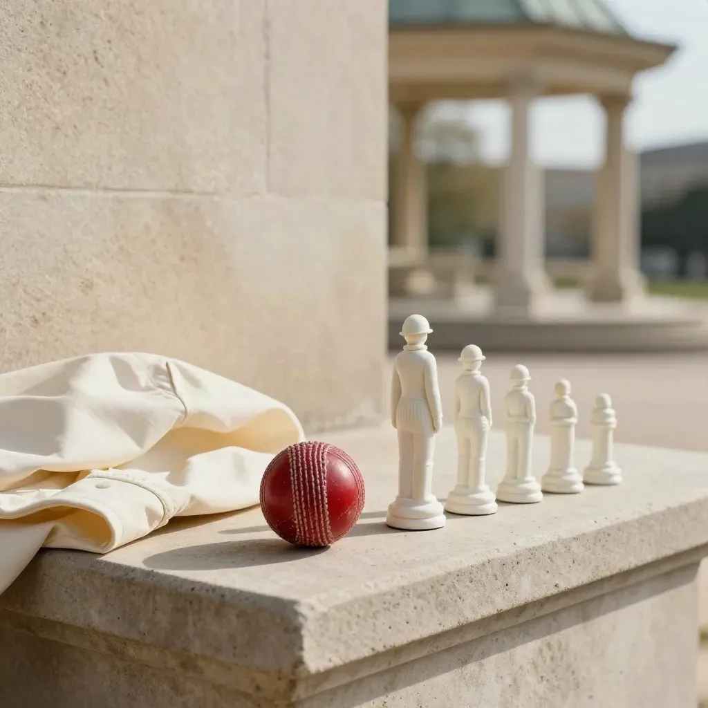 Mini stump markers, cricket ball and folded jacket on a concrete ledge in warm window light.