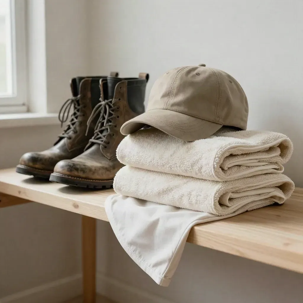 Folded cricket kit on a pale wood shelf: cap, boots, towel, and jersey in soft window light.