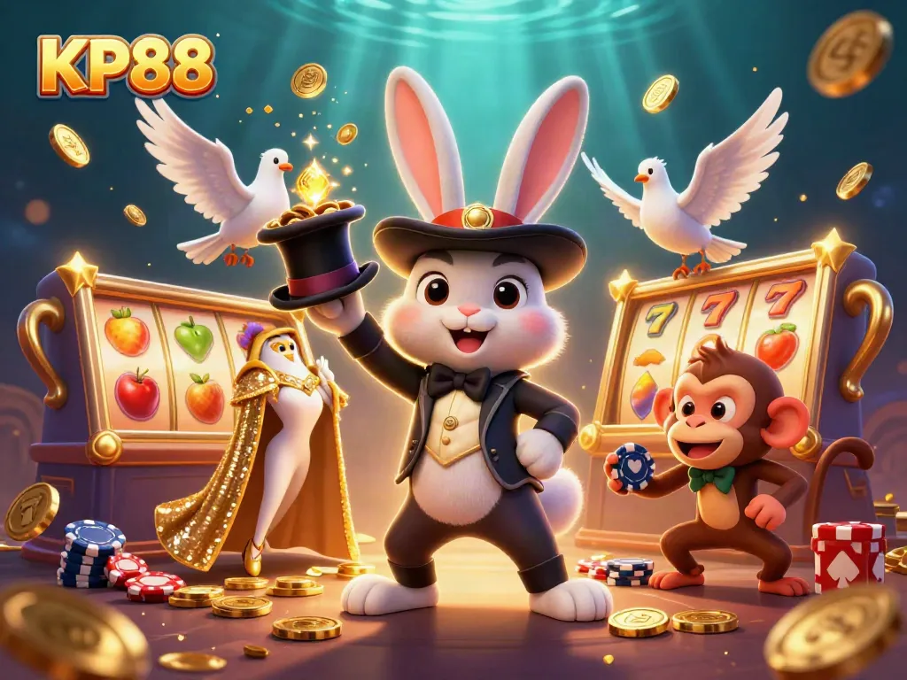 Engaging KP88 casino illustration of a magician rabbit, dove, and monkey amid spinning slot reels and golden coins.