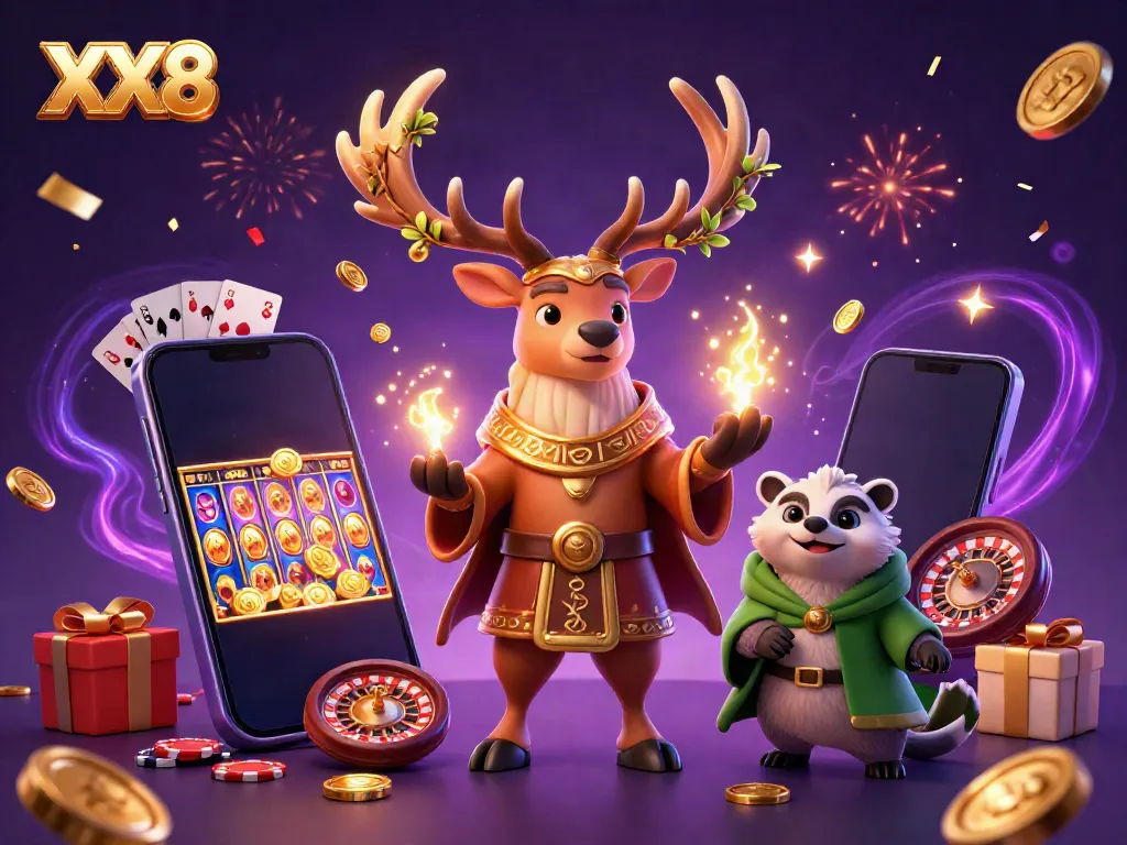 Engage in thrilling gameplay at XX8 with a vibrant casino-themed illustration.