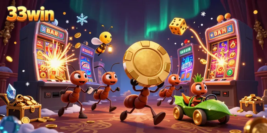 Ants and a grasshopper drive a heist in 33win, surrounded by casino games and treasures.