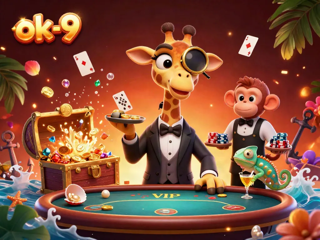Engage in thrilling gameplay at ok-9 with a vivid casino scene featuring a high-roller giraffe and energetic characters.