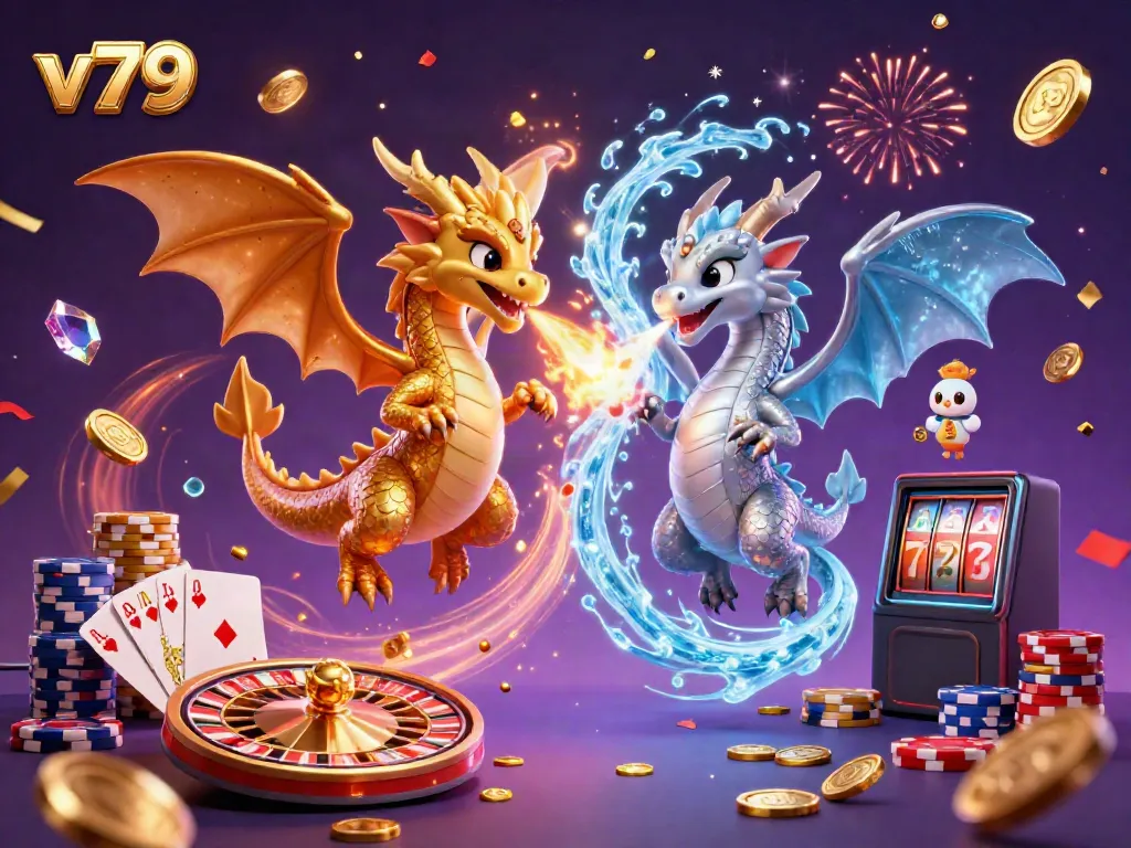 Experience thrilling games with V79's golden and silver dragon duo in a vibrant casino scene.