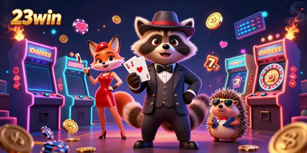 Engage in winning strategies at 23win with a dynamic scene of a raccoon, fox, and hedgehog in a vibrant casino.