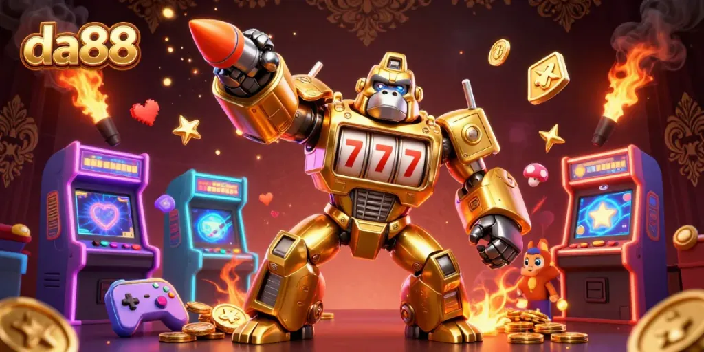 Experience thrilling moments at da88 with a dynamic 3D casino illustration of a golden gorilla mech.